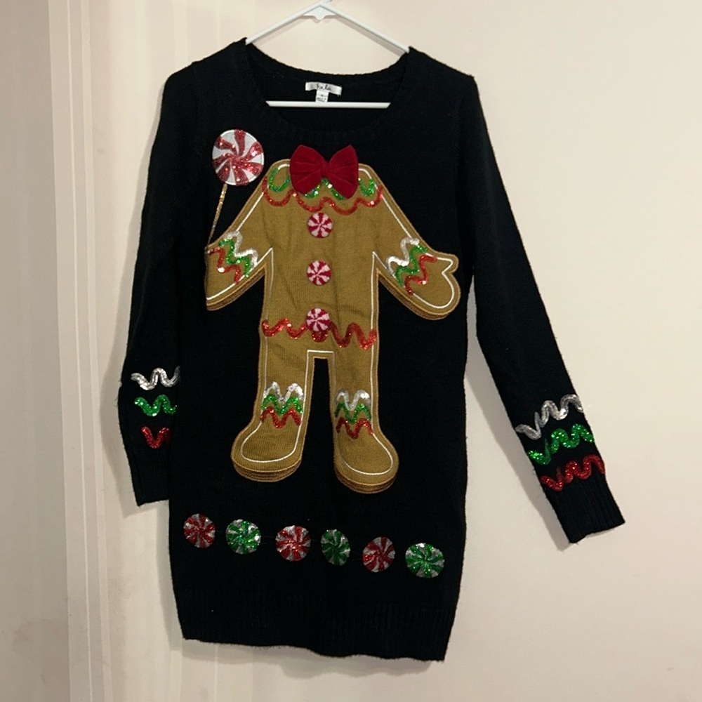 Isela Ugly Christmas Holiday Sweater Tunic Dress Sequin Gingerbread Small